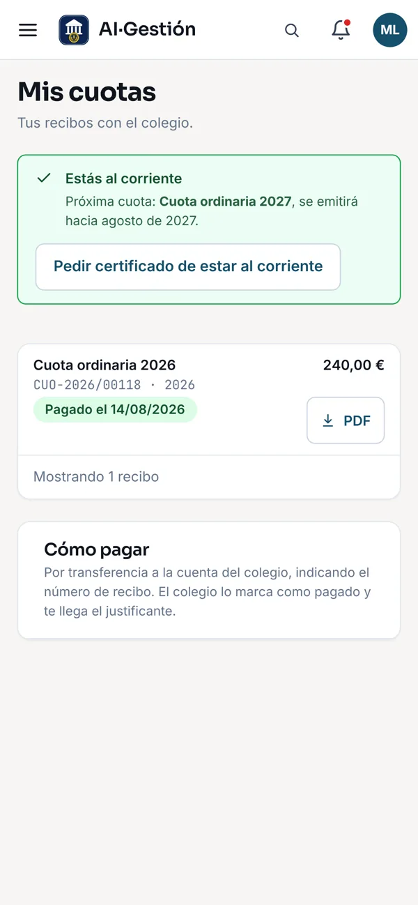 Mis cuotas en el móvil: al corriente, con su recibo pagado