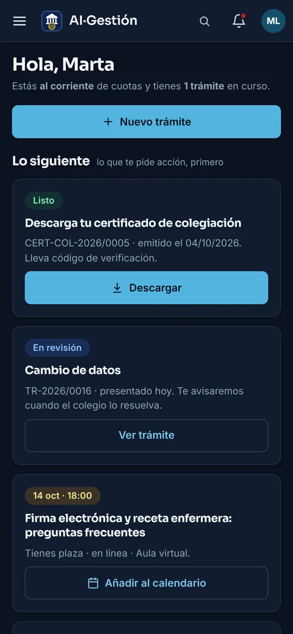 Inicio del colegiado en modo oscuro