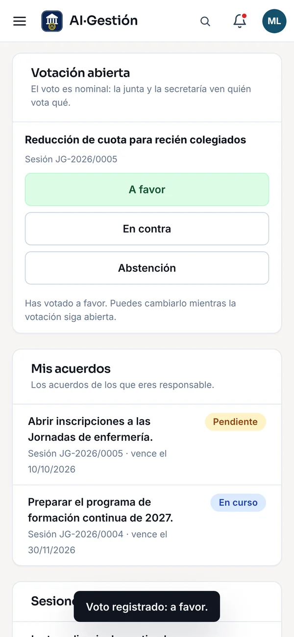 Votación abierta en el móvil: voto a favor registrado y lista de mis acuerdos con su plazo