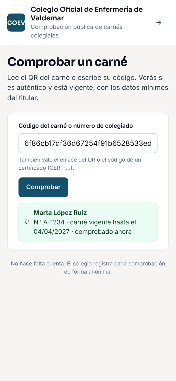 Comprobación pública del carné: vigente