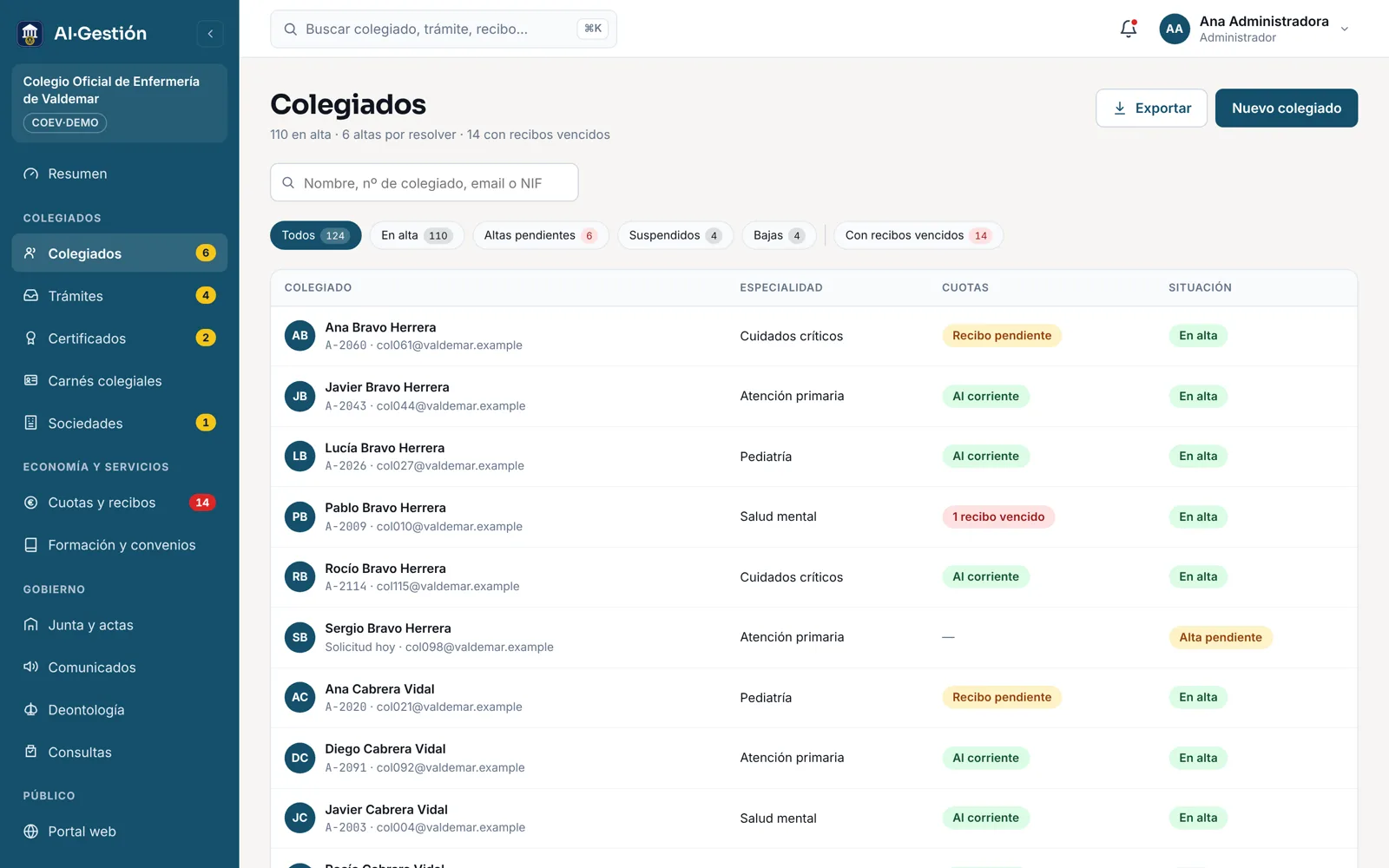 Colegiados: lista con especialidad, estado de cuotas y situación de cada colegiado