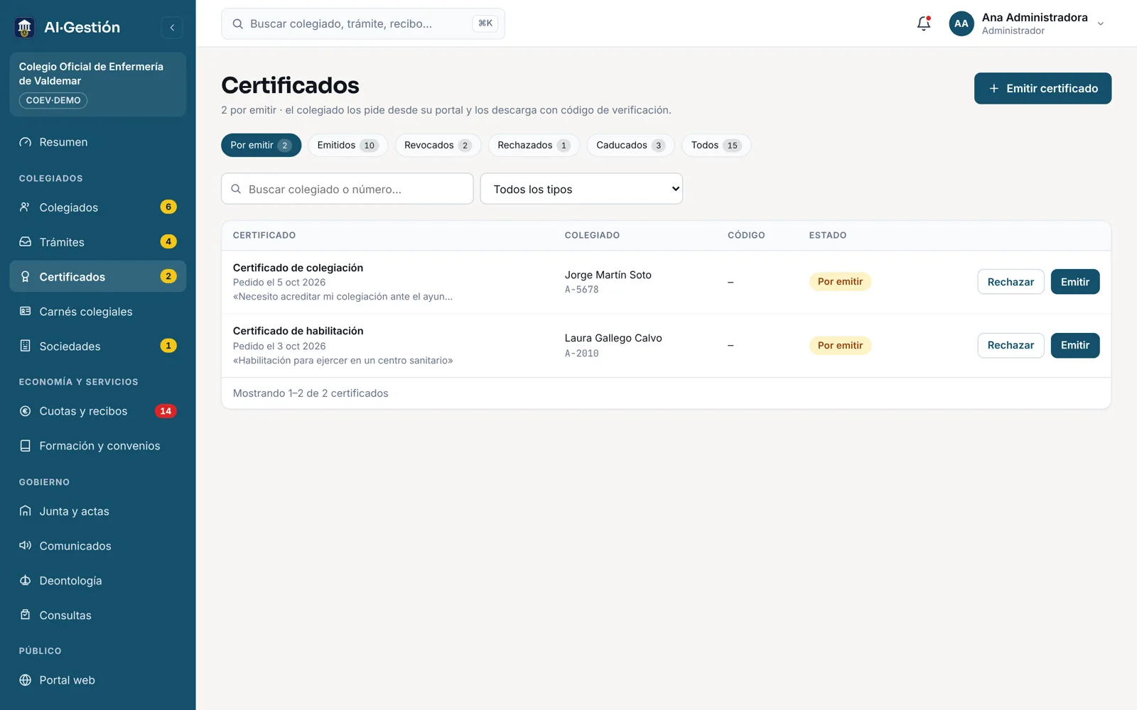 Certificados por emitir con su tipo, el colegiado y el motivo