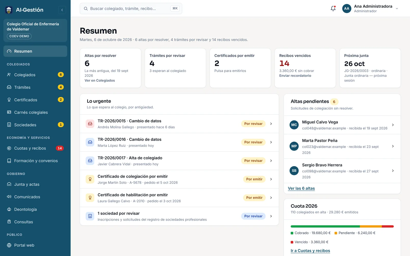 Resumen con los recibos vencidos y el acceso al recordatorio